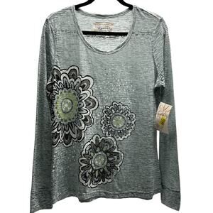 Aventura NWT Long Sleeve Burnout Tee Round Neck Green Floral Women's Size XL
